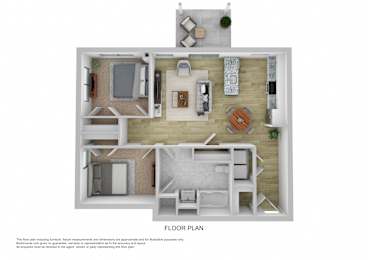 A floor plan of a house with a kitchen, living room, and two bedrooms.