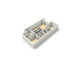 A white 3D model of a complex structure with multiple interconnected rooms.