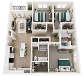 A top-down view of a modern, well-organized apartment with a kitchen, living room, and bedrooms.