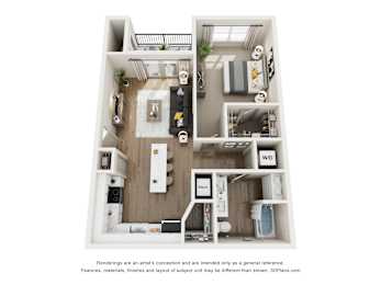 A 3D floor plan of a small apartment with a kitchen, living room, and bathroom.