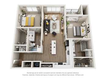 A 3D floor plan of a small apartment with a kitchen, living room, and bedroom.