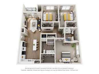 A 3D floor plan of a small apartment with two bedrooms, a living room, a kitchen, and a bathroom.