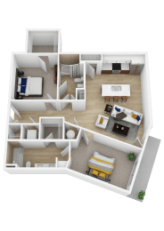 3D floor plan with two bedrooms and balcony at Current812 Apartments, Clarksville, IN 47129