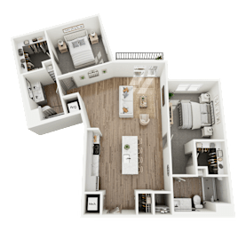 A 3D floor plan of a house with a kitchen, living room, and bathroom.