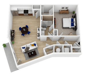 3D floor plan with one bedroom layout at Current812 Apartments, Clarksville, 47129