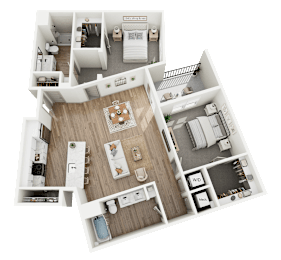 A 3D floor plan of a house with labeled rooms.