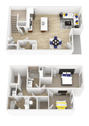 Two story 3D floor plan layout at Current812 Apartments, Clarksville, Indiana