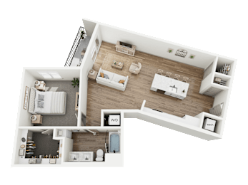 A 3D floor plan of a house showing a living room, kitchen, and bathroom.