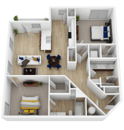 Two bedroom apartment 3D floor plan layout at Current812 Apartments, Clarksville, 47129