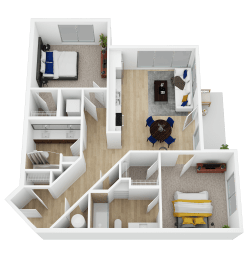 3D floor plan with two bedrooms and living room at Current812 Apartments, Clarksville, Indiana