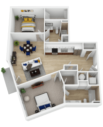 Two bedroom 3D floor plan with dining area at Current812 Apartments, Indiana