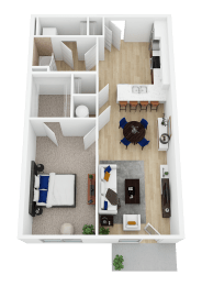 3D floor plan with one bedroom and dining area at Current812 Apartments, Clarksville, IN 47129