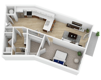 3D floor plan with bedroom and open kitchen at Current812 Apartments, Indiana