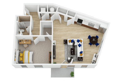 3D floor plan with bedroom and combined living dining kitchen at Current812 Apartments, Indiana, 47129