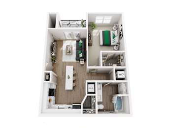 A top-down view of a small, neatly organized apartment with a kitchen, living room, and bathroom.