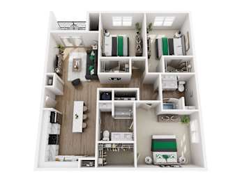 A top-down view of a small, neatly organized apartment with a kitchen, living room, and bedroom.
