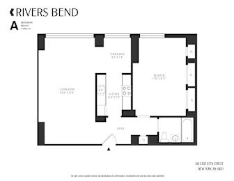 Floor Plan  A black and white image of a floor plan for a one bedroom apartment.