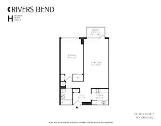 Floor Plan  A floor plan for a Rivers Bend apartment shows a bedroom, living room, and kitchen.