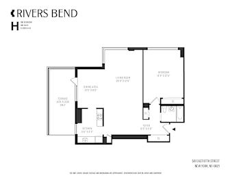 Floor Plan  A floor plan for a rivers bend apartment with a living room, dining area, terrace, and kitchen.