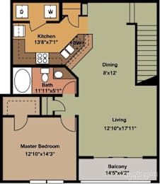 A floor plan of a home showing a kitchen, dining area, living room, bathroom, and balcony.