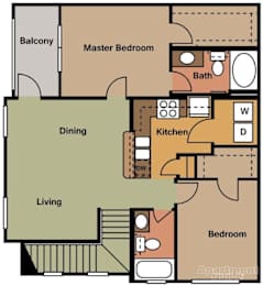 Apartment floor plan with living room, dining room, kitchen, and bedrooms.