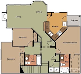 A floor plan of a house with a living room, dining room, kitchen, two bedrooms, two bathrooms, and a balcony.
