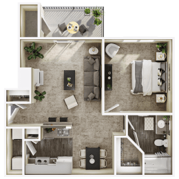 a 3d floor plan of a living room with a bedroom