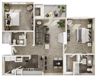 a 3d floor plan of a bedroom and living room