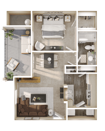 a 3d rendering of a bedroom with a living room and a bed