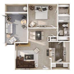 a 3d rendering of a floor plan with a bedroom and living room