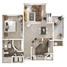 a 3d floor plan of a bedroom and living room