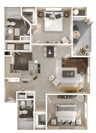 a 3d rendering of a floor plan of a bedroom and living room