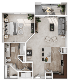 a rendering of the 1 bedroom floor plan of our apartments