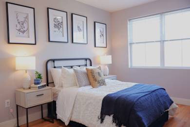 A bedroom with a bed, nightstand, and three framed pictures on the wall.