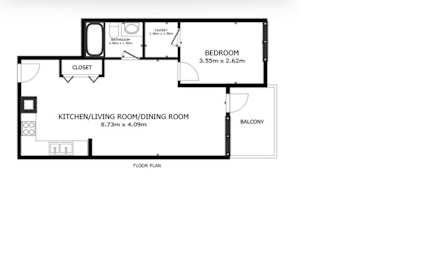 A floor plan of a house with a kitchen, living room, dining room, and a closet.