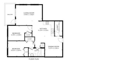 A black and white floor plan of a house with a living room, kitchen, two bedrooms, a dining room, and a closet.