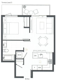 A floor plan of a house with a labeled entry point.