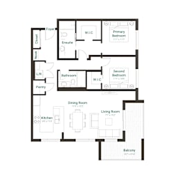 A black and white floor plan of an apartment with a living room, dining room, kitchen, two bedrooms, a bathroom, and a balcony.