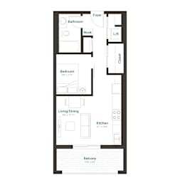 A floor plan of an apartment with a bedroom, living room, kitchen, bathroom, and balcony.