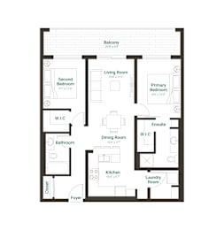 A floor plan of a home with a living room, dining room, kitchen, and two bedrooms.