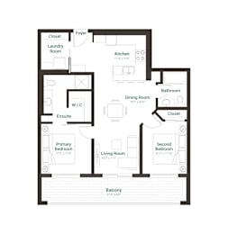 A floor plan of a house with a living room, dining room, kitchen, two bedrooms, and a laundry room.