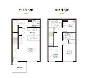 A diagram of a two-story house with labeled rooms and dimensions.