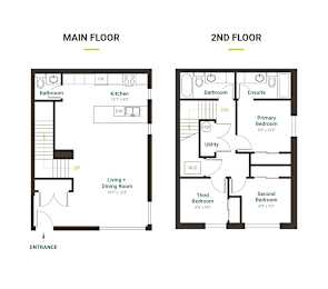 A floor plan of a two-story house with a living room, dining room, kitchen, and three bedrooms.