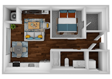 a 3d rendering of a bedroom with a bathroom and a living room