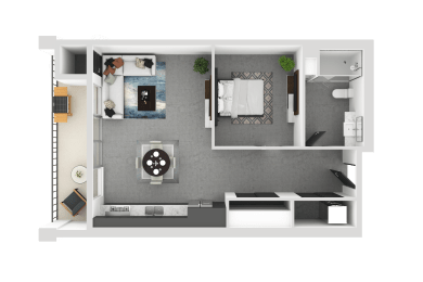 a bedroom with a bed and a chair in a room