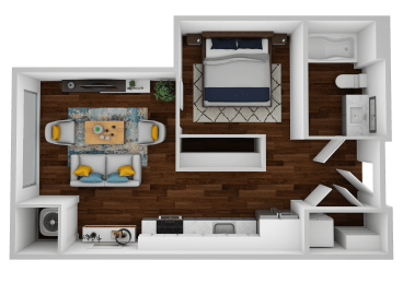 a stylized layout of a bedroom with a living room and a dining room