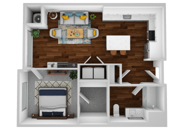 a layout of a bedroom with a living room and a dining room with a kitchen