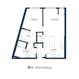 A floor plan of an apartment in the B11 building shows a living room, bedroom, bathroom, laundry, and kitchen.