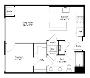 a floor plan of a studio apartment with a bedroom and a living room