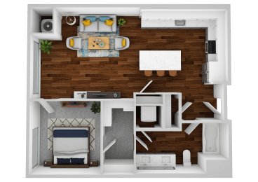 a stylized floor plan of a bedroom with a bathroom and a living room
